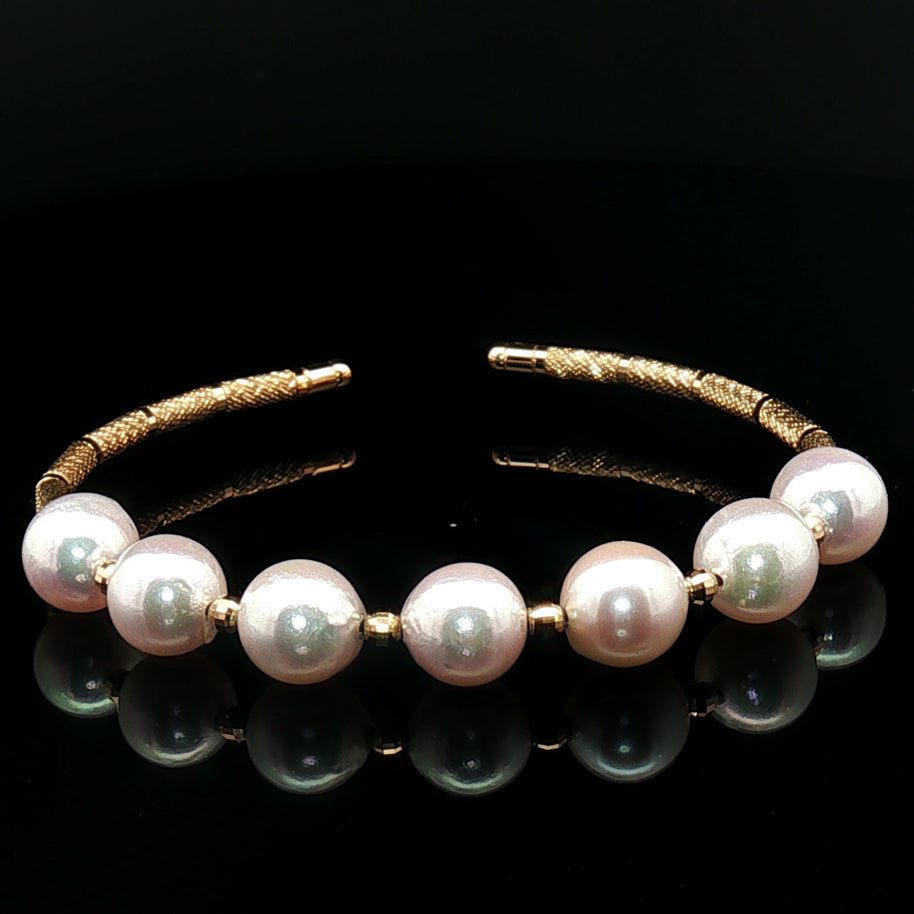 18k Yellow Gold  Open Bangle with Iridescent Pinkish Akoya Pearls -16" Adj.