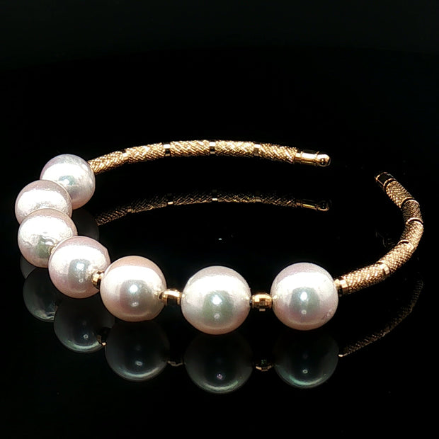 18k Yellow Gold  Open Bangle with Iridescent Pinkish Akoya Pearls -16" Adj.