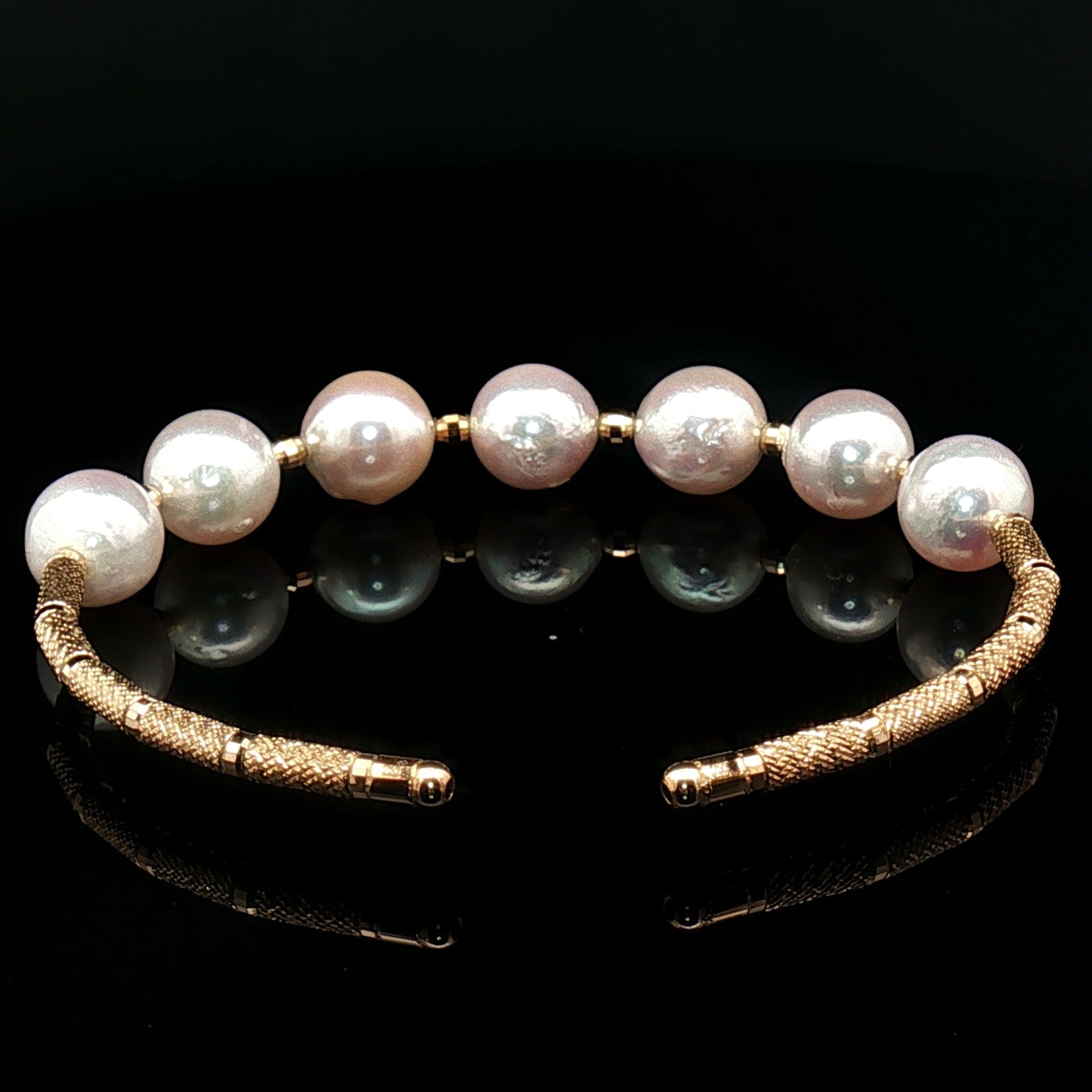 18k Yellow Gold  Open Bangle with Iridescent Pinkish Akoya Pearls -16