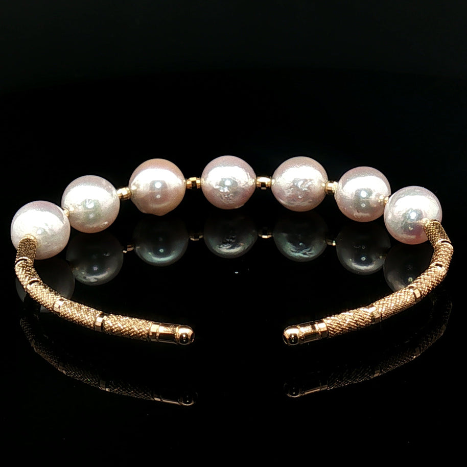 18k Yellow Gold  Open Bangle with Iridescent Pinkish Akoya Pearls -16