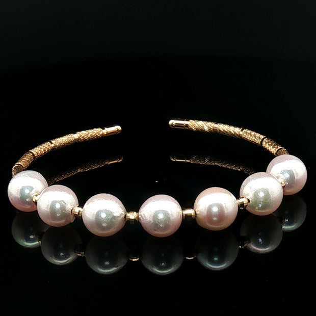 18k Yellow Gold  Open Bangle with Iridescent Pinkish Akoya Pearls -16" Adj.