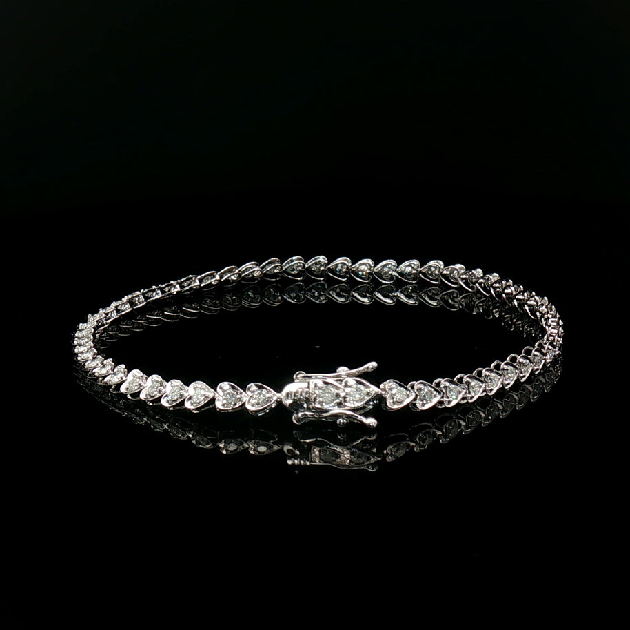 18k White Gold Heart-Shaped Diamond Tennis Bracelet – 1.00ct Natural Diamonds, 3ct Face Look, 7.3" with Triple Secure Clasp