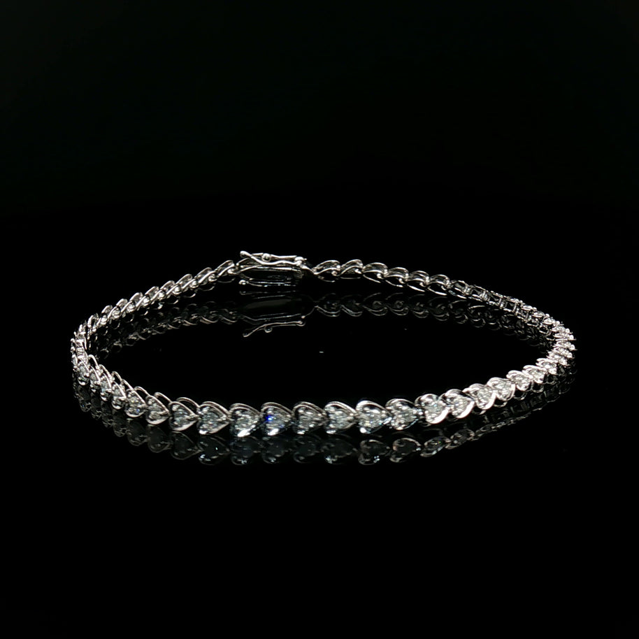 18k White Gold Heart-Shaped Diamond Tennis Bracelet – 1.00ct Natural Diamonds, 3ct Face Look, 7.3