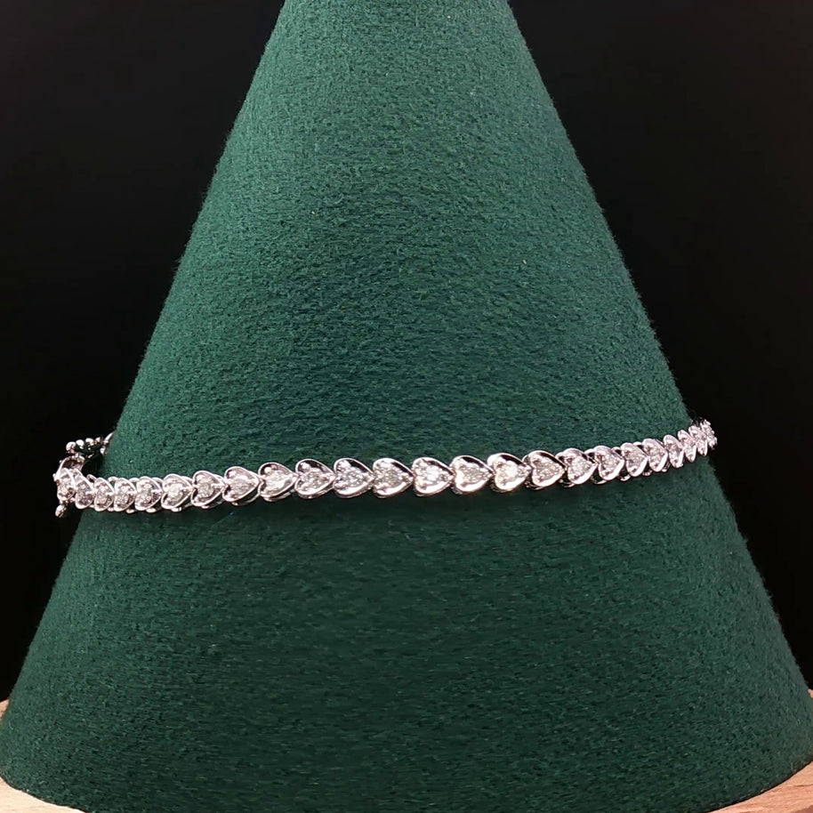 18k White Gold Heart-Shaped Diamond Tennis Bracelet – 1.00ct Natural Diamonds, 3ct Face Look, 7.3