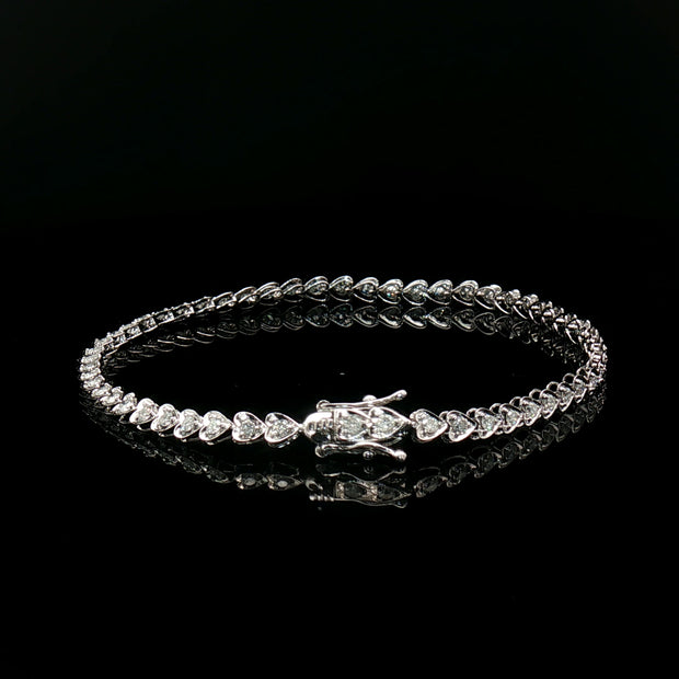 18k White Gold Heart-Shaped Diamond Tennis Bracelet – 1.00ct Natural Diamonds, 3ct Face Look, 7.3" with Triple Secure Clasp
