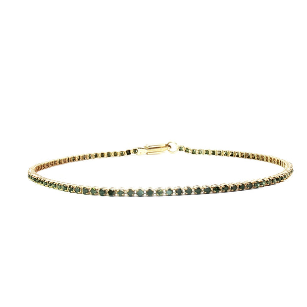 18k Yellow Gold Tennis Bracelet – 1.20ct Natural Green Round Brilliant Diamonds, 7.2" Snake Bite Design