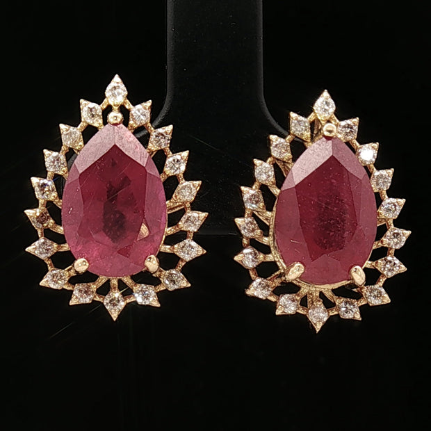 18k Yellow Gold Halo Stud Earrings with 9.00tcw Ruby and 0.50tcw Natural Diamonds