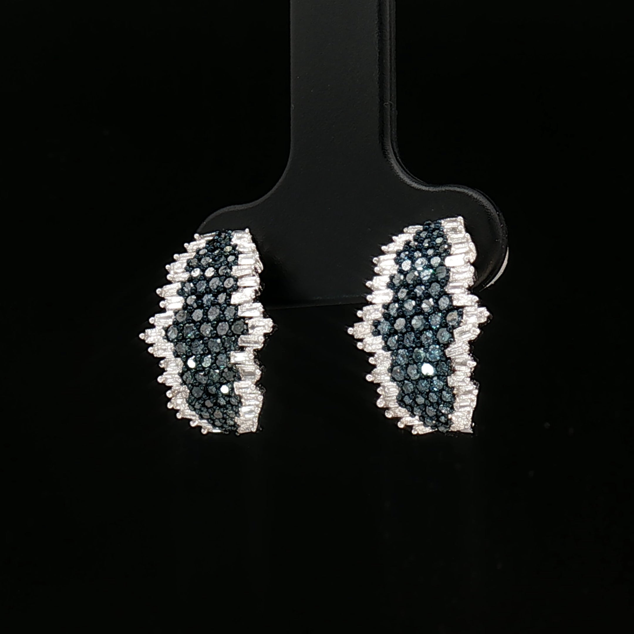 18k White Gold Half Loop Earrings – 1.00ct Fancy Blue & Natural Diamond Round and Baguette Cut