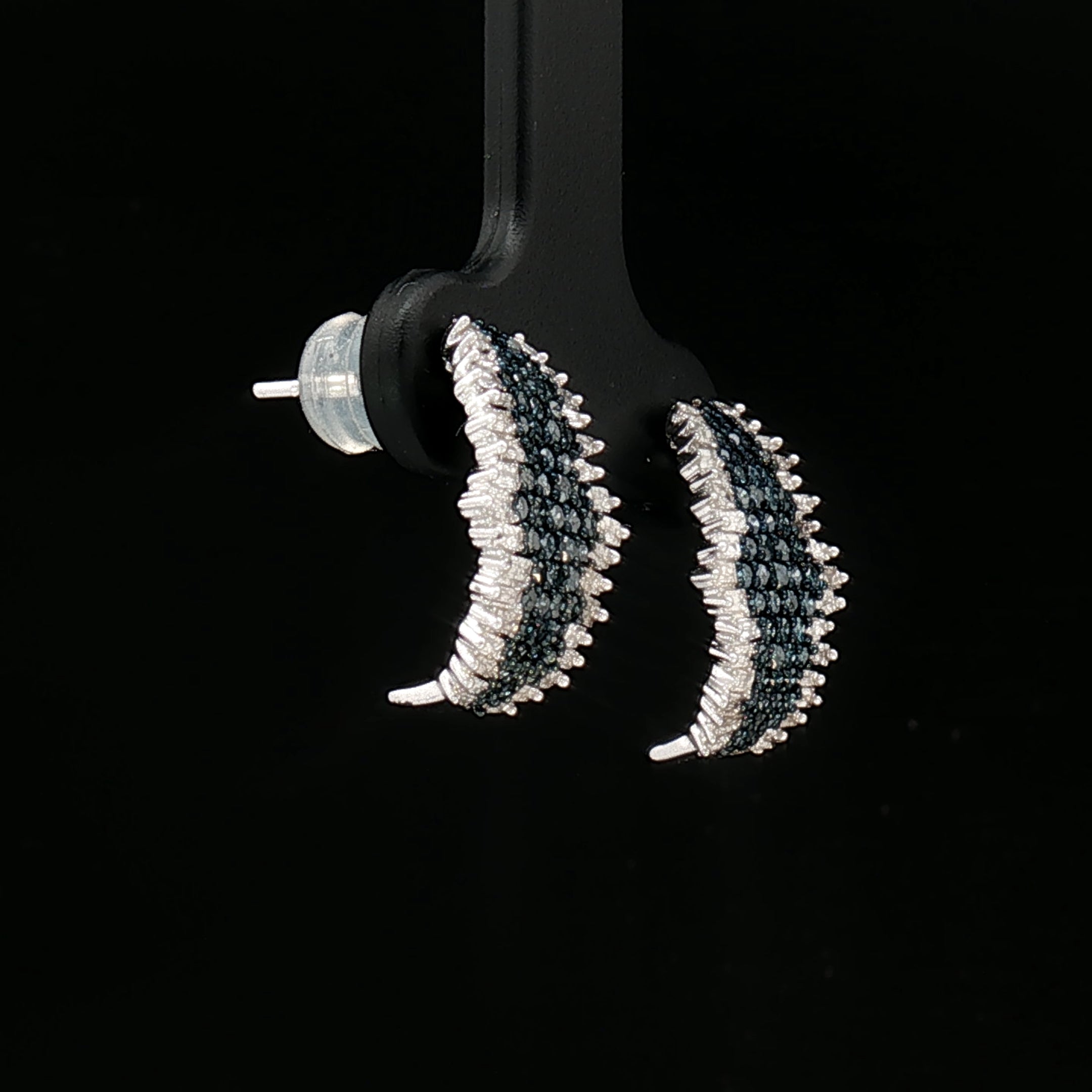 18k White Gold Half Loop Earrings – 1.00ct Fancy Blue & Natural Diamond Round and Baguette Cut