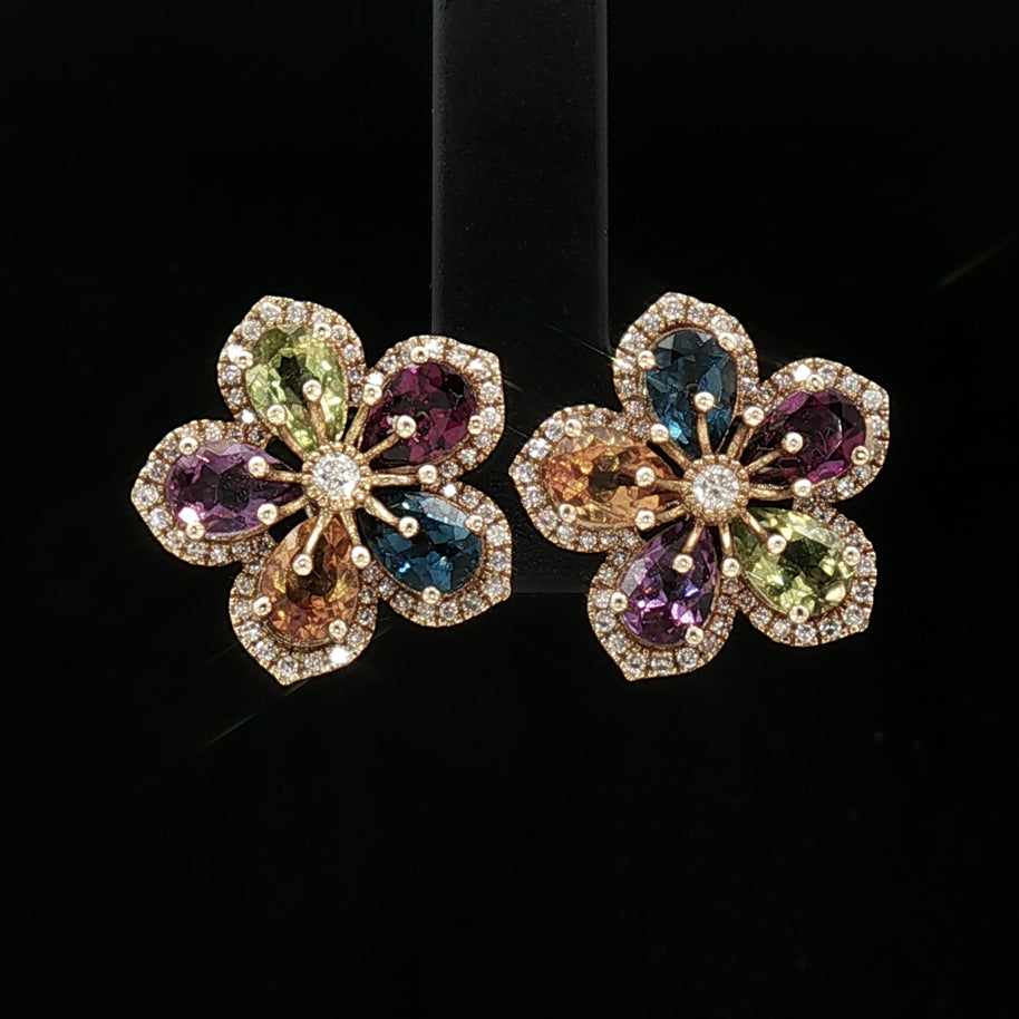 18k Yellow Gold Floral Stud Earrings – 4.40ct Multicolour Pear Gemstones & 0.40ct Natural Diamonds