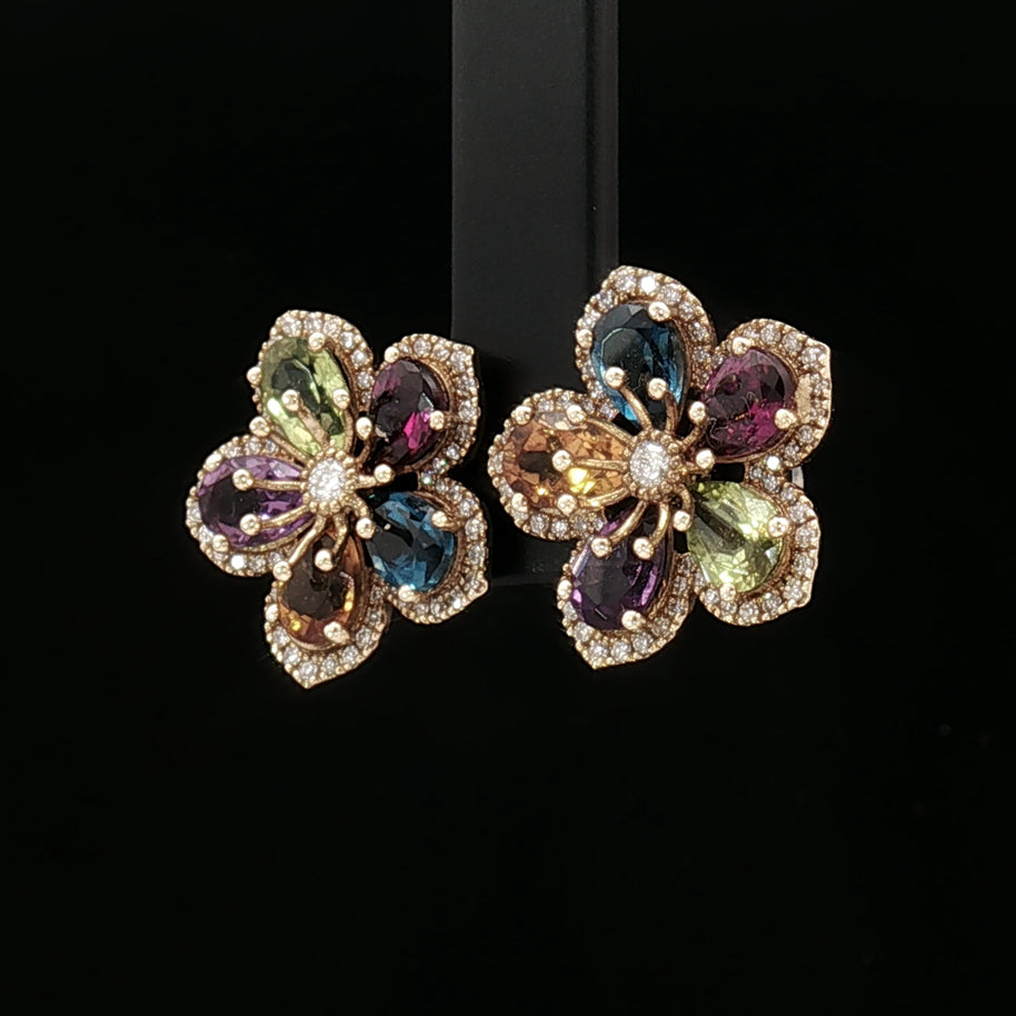 18k Yellow Gold Floral Stud Earrings – 4.40ct Multicolour Pear Gemstones & 0.40ct Natural Diamonds