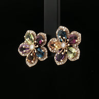 18k Yellow Gold Floral Stud Earrings – 4.40ct Multicolour Pear Gemstones & 0.40ct Natural Diamonds