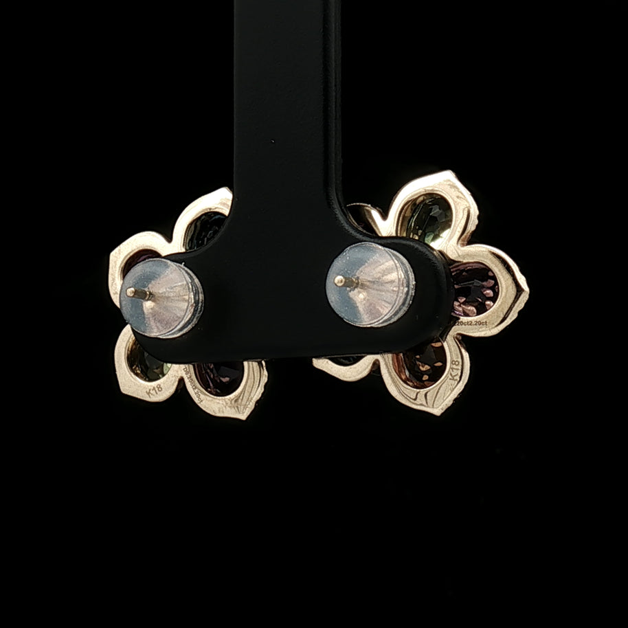 18k Yellow Gold Floral Stud Earrings – 4.40ct Multicolour Pear Gemstones & 0.40ct Natural Diamonds