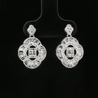 18k White Gold Clover Dangle Earrings – 1.00ct Natural Round & Baguette Diamond Design
