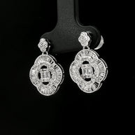 18k White Gold Clover Dangle Earrings – 1.00ct Natural Round & Baguette Diamond Design