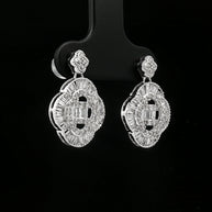 18k White Gold Clover Dangle Earrings – 1.00ct Natural Round & Baguette Diamond Design