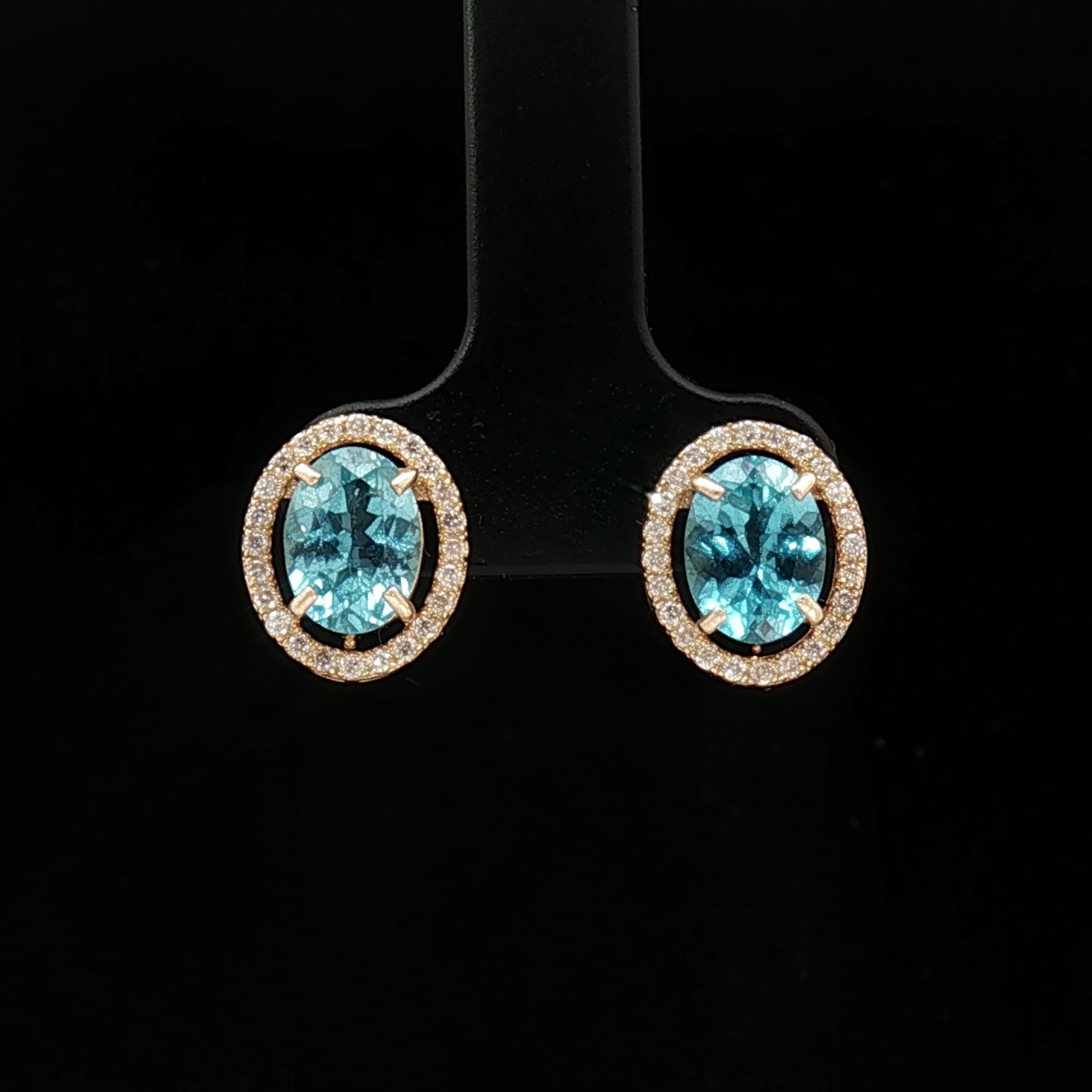 18k Yellow Gold Halo Oval Stud Earrings – 2.60ct Paraiba Apatite & 0.24ct Natural Diamond Accents