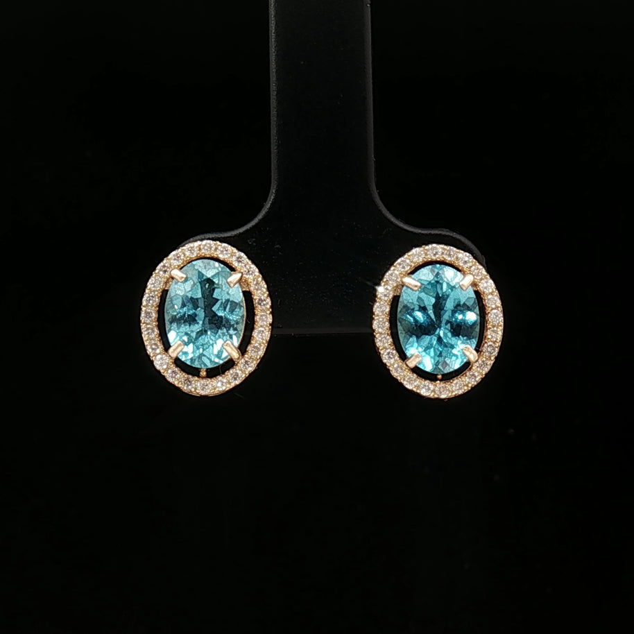 18k Yellow Gold Halo Oval Stud Earrings – 2.60ct Paraiba Apatite & 0.24ct Natural Diamond Accents