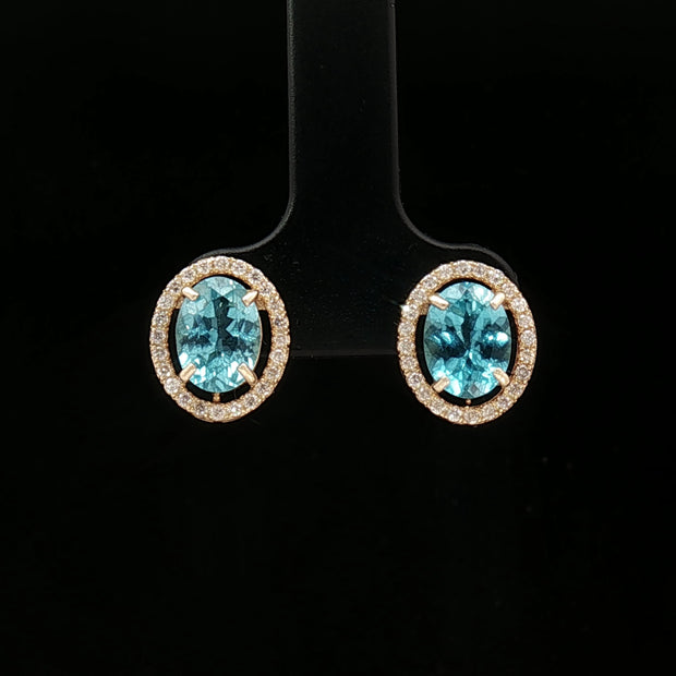 18k Yellow Gold Halo Oval Stud Earrings – 2.60ct Paraiba Apatite & 0.24ct Natural Diamond Accents