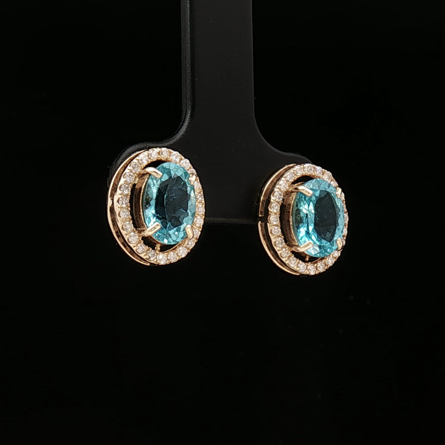 18k Yellow Gold Halo Oval Stud Earrings – 2.60ct Paraiba Apatite & 0.24ct Natural Diamond Accents