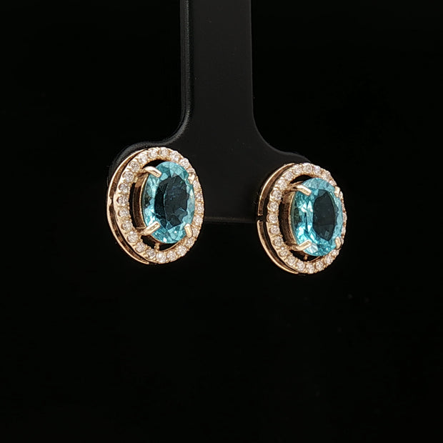 18k Yellow Gold Halo Oval Stud Earrings – 2.60ct Paraiba Apatite & 0.24ct Natural Diamond Accents