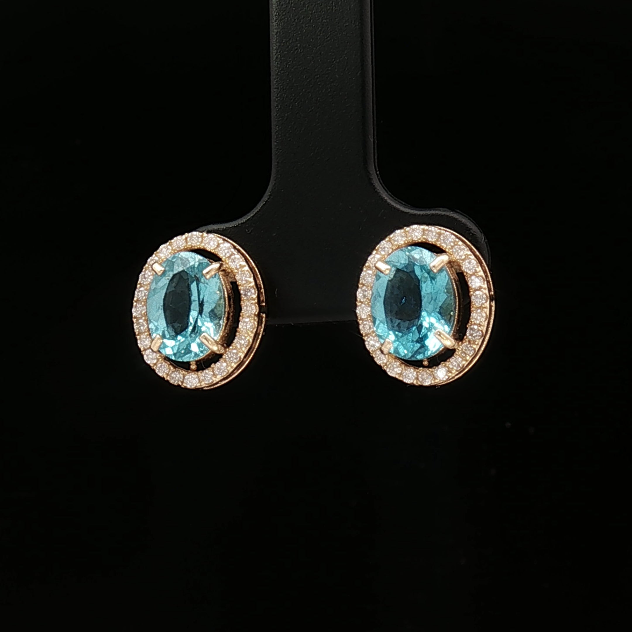 18k Yellow Gold Halo Oval Stud Earrings – 2.60ct Paraiba Apatite & 0.24ct Natural Diamond Accents