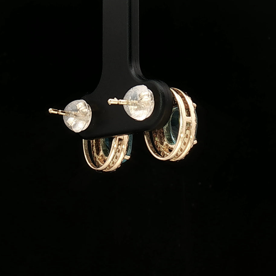 18k Yellow Gold Halo Oval Stud Earrings – 2.60ct Paraiba Apatite & 0.24ct Natural Diamond Accents