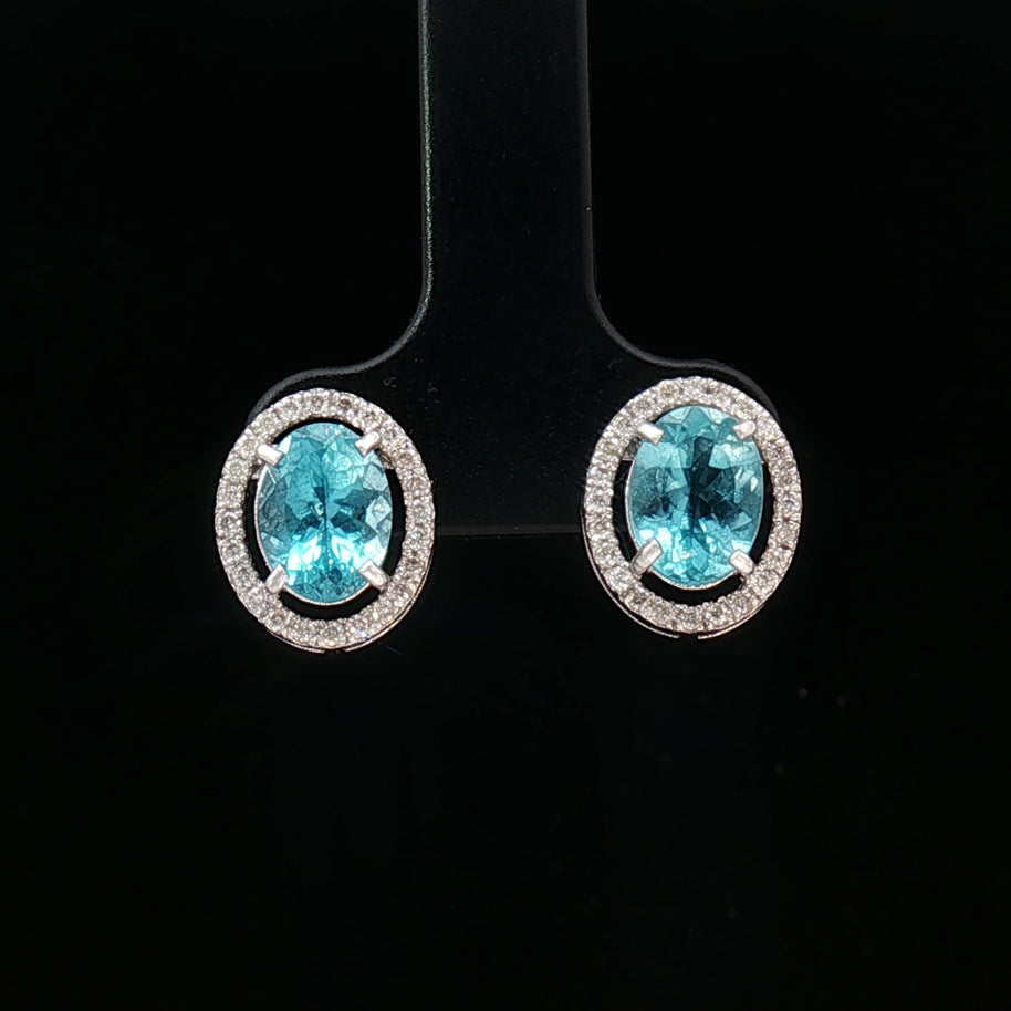 Platinum 900 Halo Oval Stud Earrings – 2.60ct Paraiba Apatite & 0.24ct Natural Diamond Accents