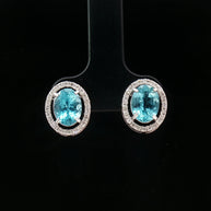 Platinum 900 Halo Oval Stud Earrings – 2.60ct Paraiba Apatite & 0.24ct Natural Diamond Accents