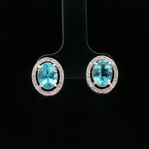 Platinum 900 Halo Oval Stud Earrings – 2.60ct Paraiba Apatite & 0.24ct Natural Diamond Accents