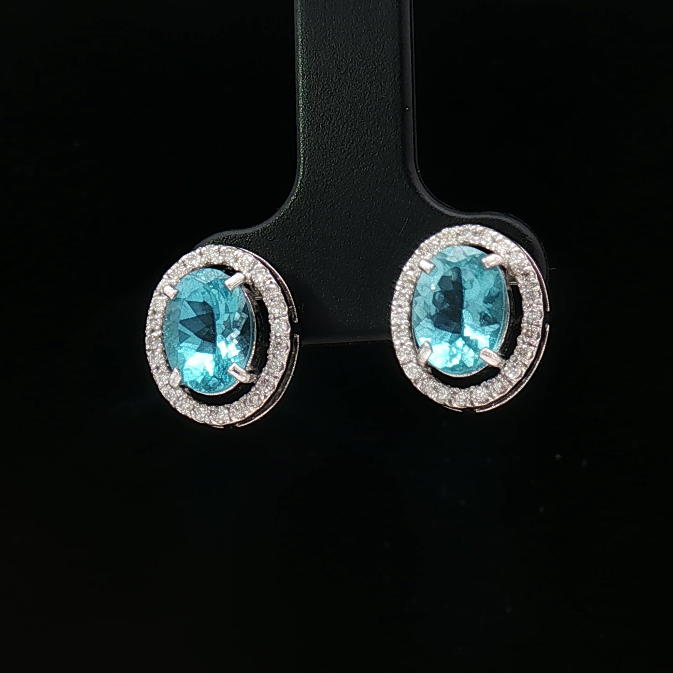 Platinum 900 Halo Oval Stud Earrings – 2.60ct Paraiba Apatite & 0.24ct Natural Diamond Accents