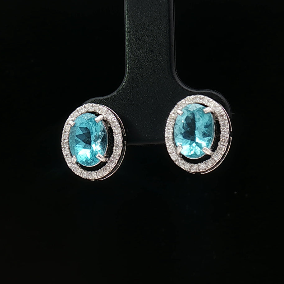 Platinum 900 Halo Oval Stud Earrings – 2.60ct Paraiba Apatite & 0.24ct Natural Diamond Accents