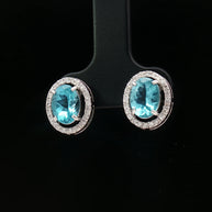 Platinum 900 Halo Oval Stud Earrings – 2.60ct Paraiba Apatite & 0.24ct Natural Diamond Accents
