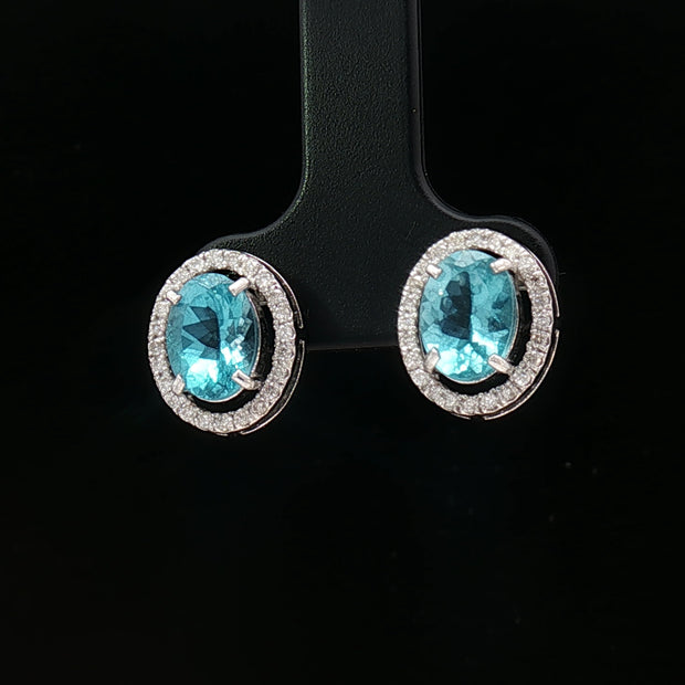 Platinum 900 Halo Oval Stud Earrings – 2.60ct Paraiba Apatite & 0.24ct Natural Diamond Accents