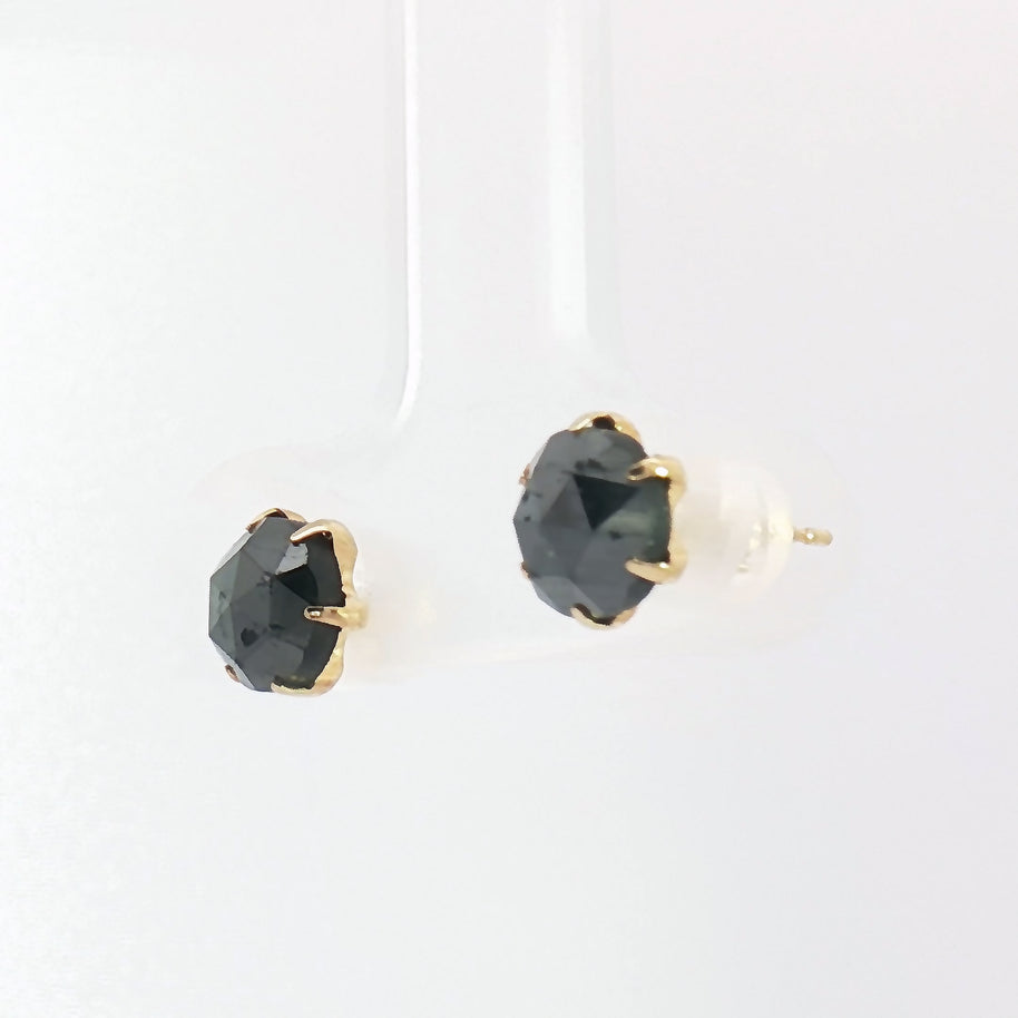 Close-up of 2.40ct fancy black diamond stud earrings in yellow gold