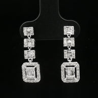 18k White Gold Square Dangle Earrings – 1.00ct Natural Round & Baguette Diamond Illusion Design