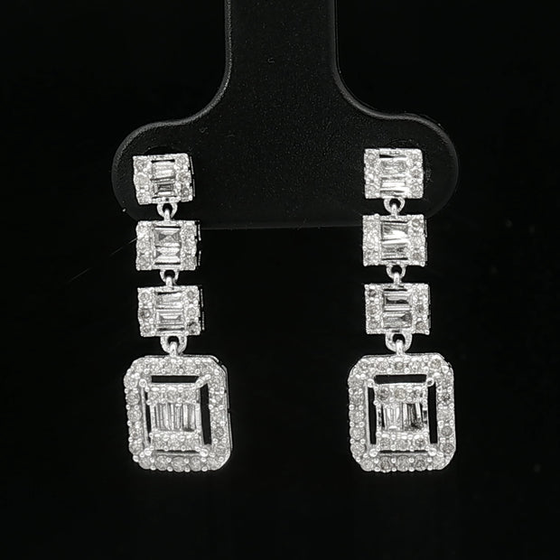 18k White Gold Square Dangle Earrings – 1.00ct Natural Round & Baguette Diamond Illusion Design