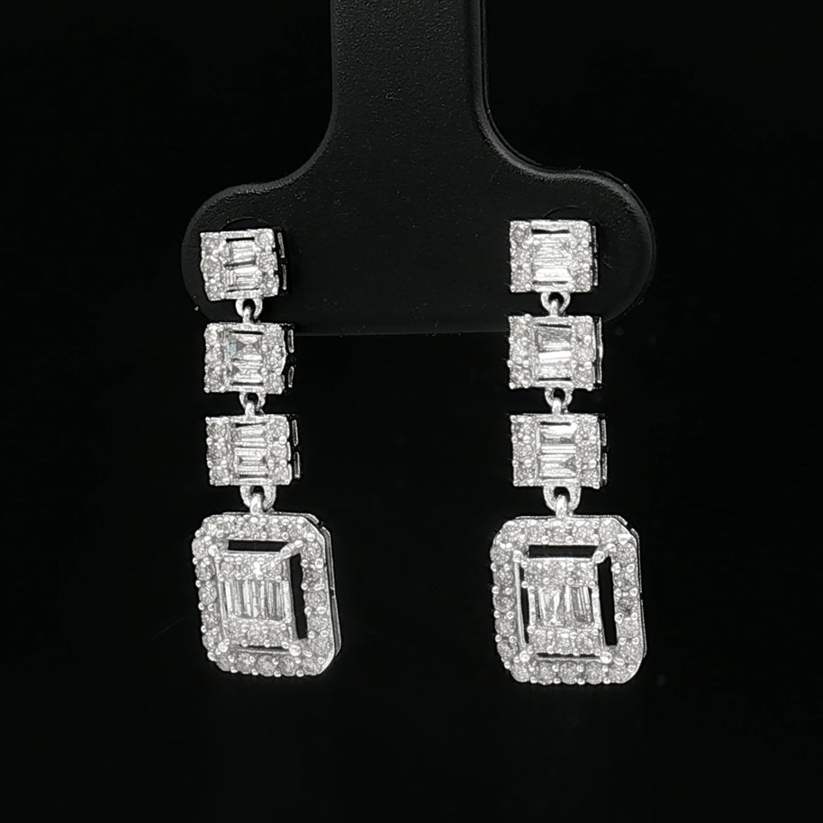 18k White Gold Square Dangle Earrings – 1.00ct Natural Round & Baguette Diamond Illusion Design