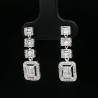 18k White Gold Square Dangle Earrings – 1.00ct Natural Round & Baguette Diamond Illusion Design