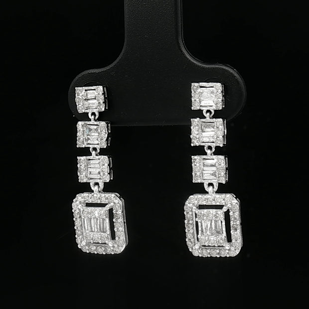 18k White Gold Square Dangle Earrings – 1.00ct Natural Round & Baguette Diamond Illusion Design