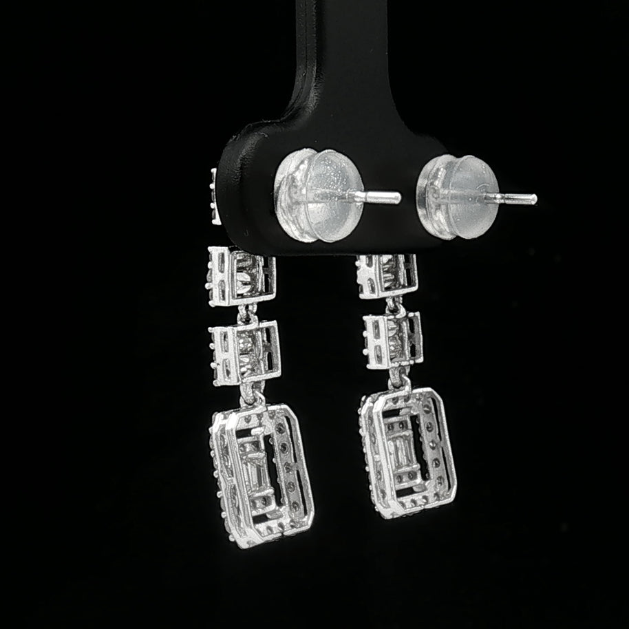 18k White Gold Square Dangle Earrings – 1.00ct Natural Round & Baguette Diamond Illusion Design