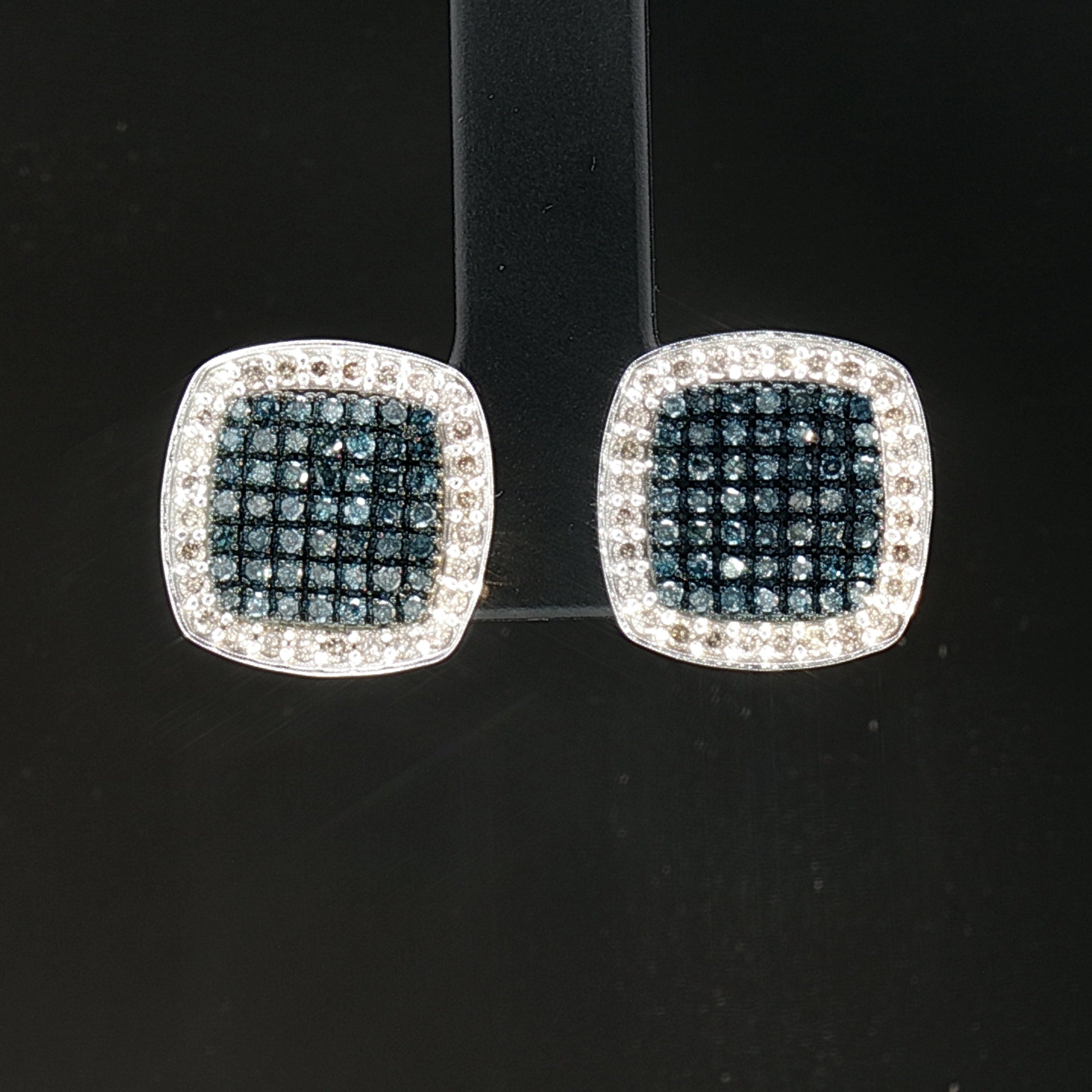 18k White Gold Square Stud Earrings – 1.00ct Fancy Blue Natural Diamond Cluster with Colourless Diamond Halo