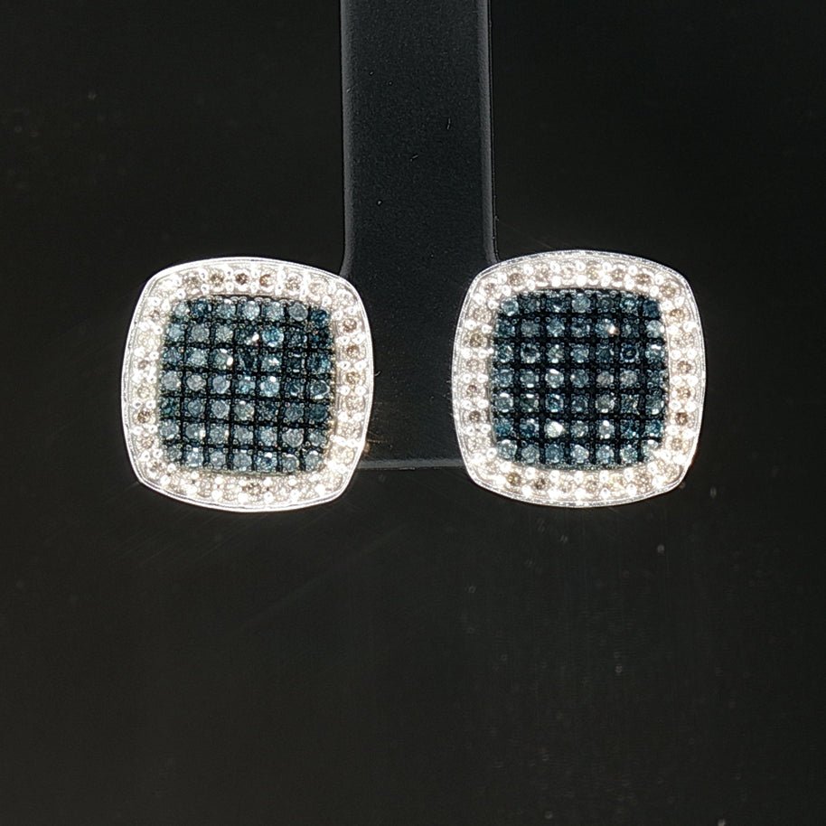 18k White Gold Square Stud Earrings – 1.00ct Fancy Blue Natural Diamond Cluster with Colourless Diamond Halo