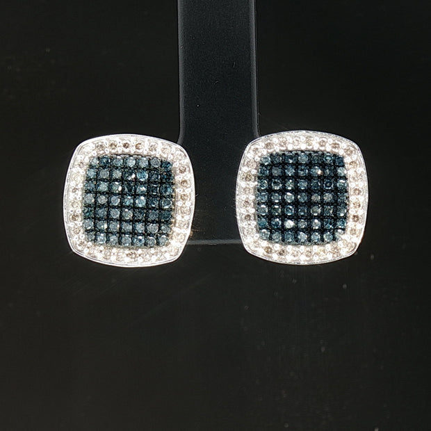 18k White Gold Square Stud Earrings – 1.00ct Fancy Blue Natural Diamond Cluster with Colourless Diamond Halo
