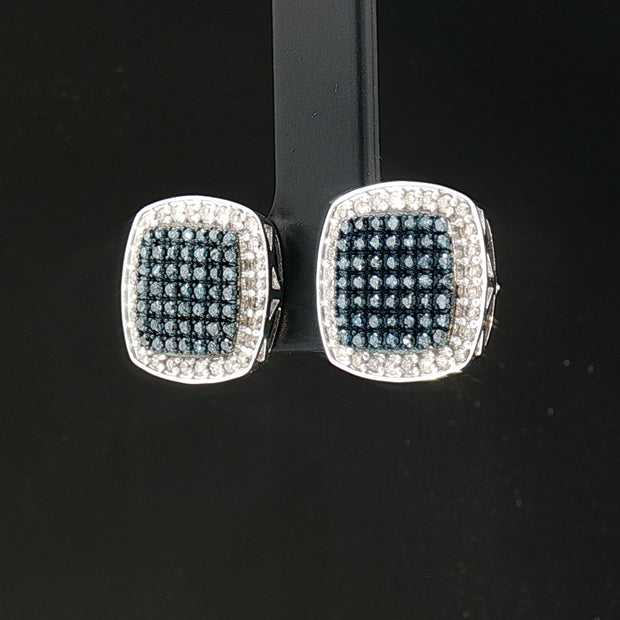 18k White Gold Square Stud Earrings – 1.00ct Fancy Blue Natural Diamond Cluster with Colourless Diamond Halo