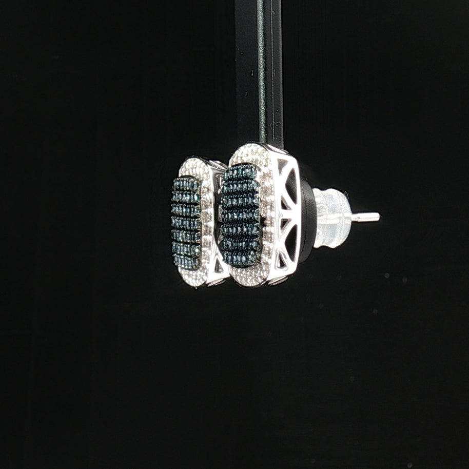 18k White Gold Square Stud Earrings – 1.00ct Fancy Blue Natural Diamond Cluster with Colourless Diamond Halo