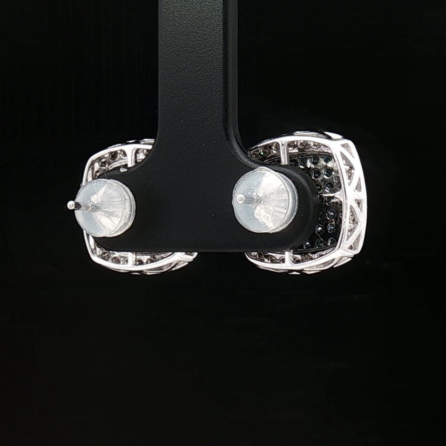 18k White Gold Square Stud Earrings – 1.00ct Fancy Blue Natural Diamond Cluster with Colourless Diamond Halo