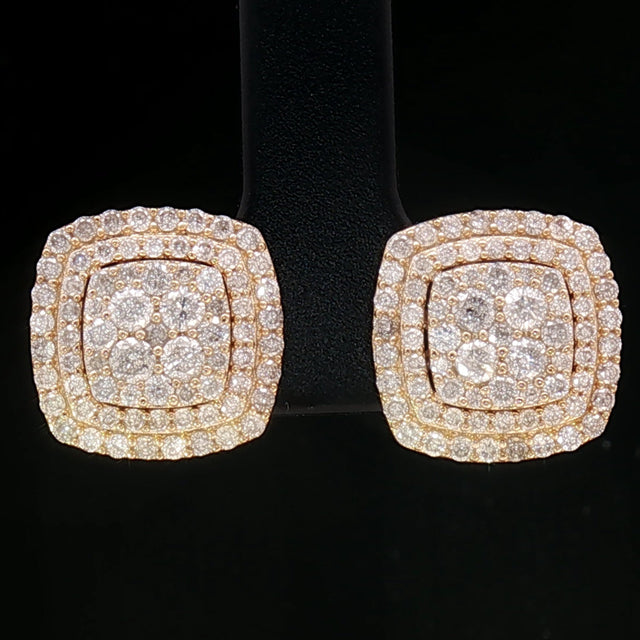 18k Yellow Gold Square Stud Earrings with 1.50tcw Natural Diamonds