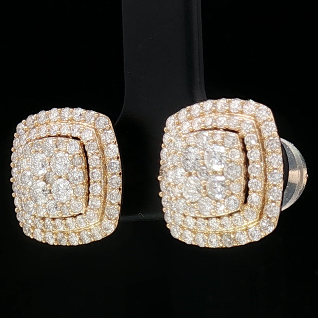 18k Yellow Gold Square Stud Earrings with 1.50tcw Natural Diamonds