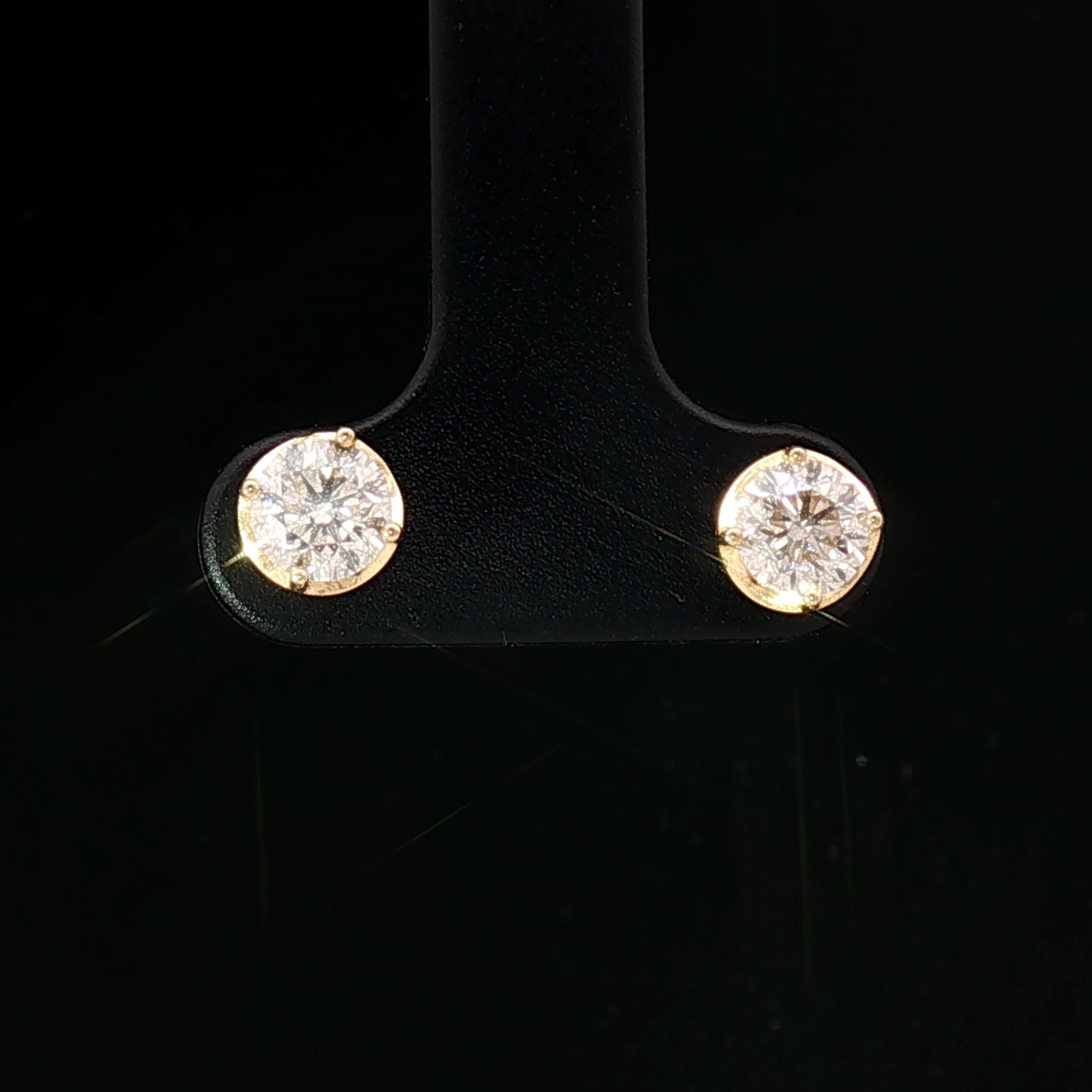18k Yellow Gold Diamond Stud Earrings – 1.00ct Natural Round Brilliant Diamonds, 2ct Face Look